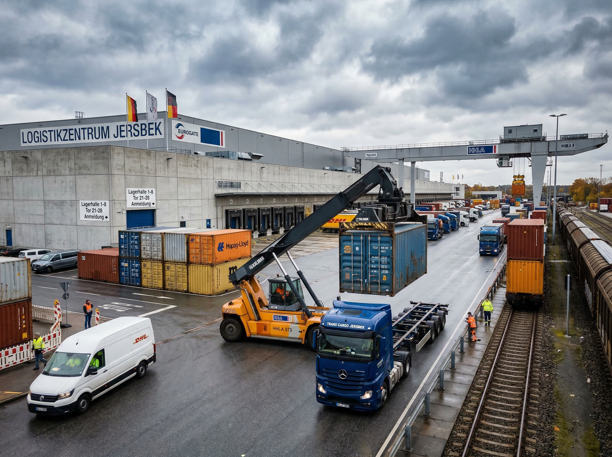 European logistics facility with container handling equipment
